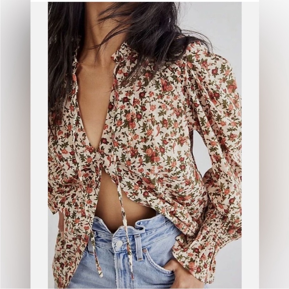 Free People Meant To Be Puff Sleeve Ruffle Blouse Top Vintage Floral Cotton Boho - Picture 8 of 16